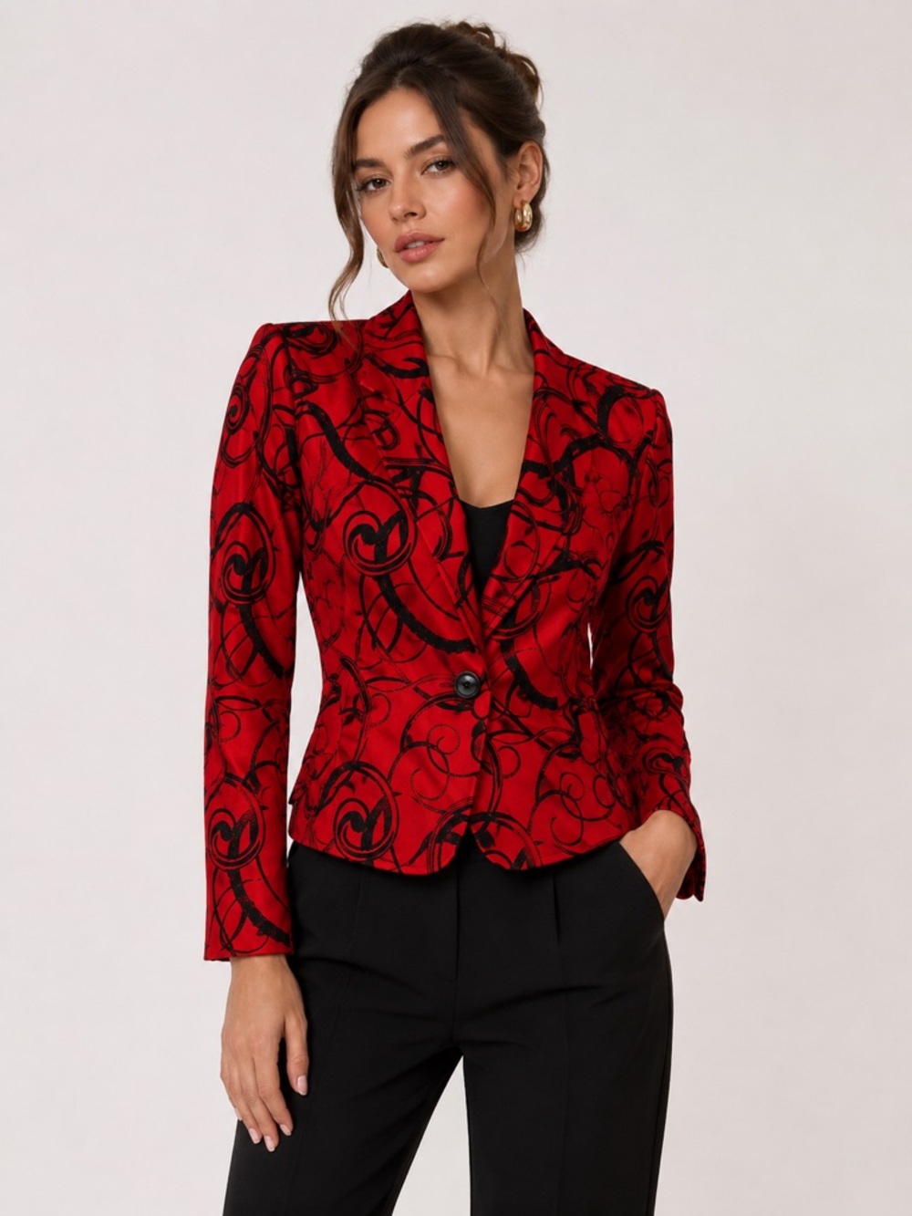 Transitions Red Black 100% Silk Abstract Swirl Blazer 4P Minimalist Artsy Career